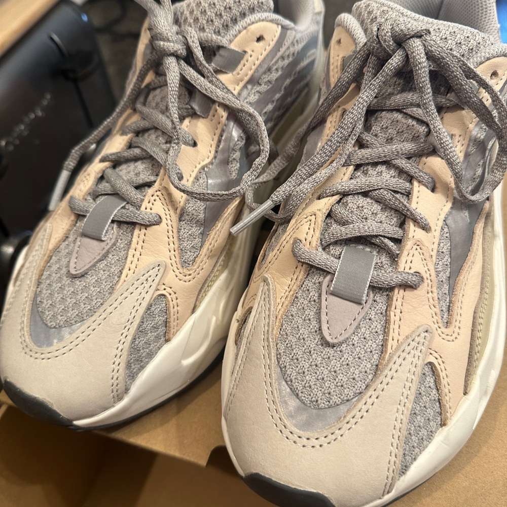 Yeezy Gray and Tan Athletic Shoes with Chunky Design